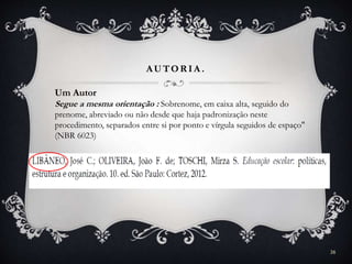 AUTOR IA .
Um Autor
Segue a mesma orientação : Sobrenome, em caixa alta, seguido do
prenome, abreviado ou não desde que haja padronização neste
procedimento, separados entre si por ponto e vírgula seguidos de espaço"
(NBR 6023)
38
 