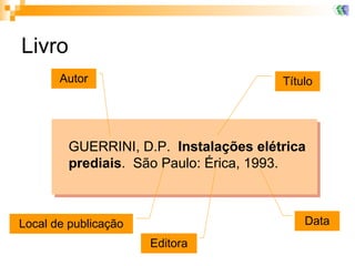 Livro GUERRINI, D.P.  Instalações elétrica prediais .  São Paulo: Érica, 1993. Autor Título Local de publicação Data Editora 