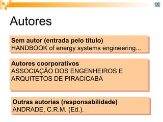 Autores Sem autor (entrada pelo título) HANDBOOK of energy systems engineering...   Autores coorporativos  ASSOCIAÇÃO DOS ENGENHEIROS E ARQUITETOS DE PIRACICABA Outras autorias (responsabilidade) ANDRADE, C.R.M. (Ed.). 