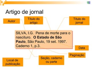 Artigo de jornal SILVA, I.G.  Pena de morte para o nascituro.  O Estado de São Paulo , São Paulo, 19 set. 1997.  Caderno 1, p.3.  Autor Local de  publicação Paginação Título do artigo Título do jornal Data Seção, caderno ou parte 