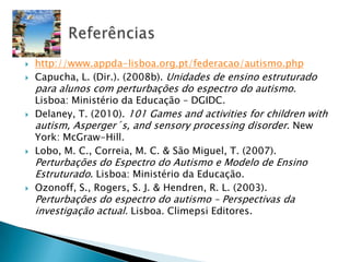   http://www.appda-lisboa.org.pt/federacao/autismo.php
   Capucha, L. (Dir.). (2008b). Unidades de ensino estruturado
    para alunos com perturbações do espectro do autismo.
    Lisboa: Ministério da Educação – DGIDC.
   Delaney, T. (2010). 101 Games and activities for children with
    autism, Asperger´s, and sensory processing disorder. New
    York: McGraw-Hill.
   Lobo, M. C., Correia, M. C. & São Miguel, T. (2007).
    Perturbações do Espectro do Autismo e Modelo de Ensino
    Estruturado. Lisboa: Ministério da Educação.
   Ozonoff, S., Rogers, S. J. & Hendren, R. L. (2003).
    Perturbações do espectro do autismo – Perspectivas da
    investigação actual. Lisboa. Climepsi Editores.
 