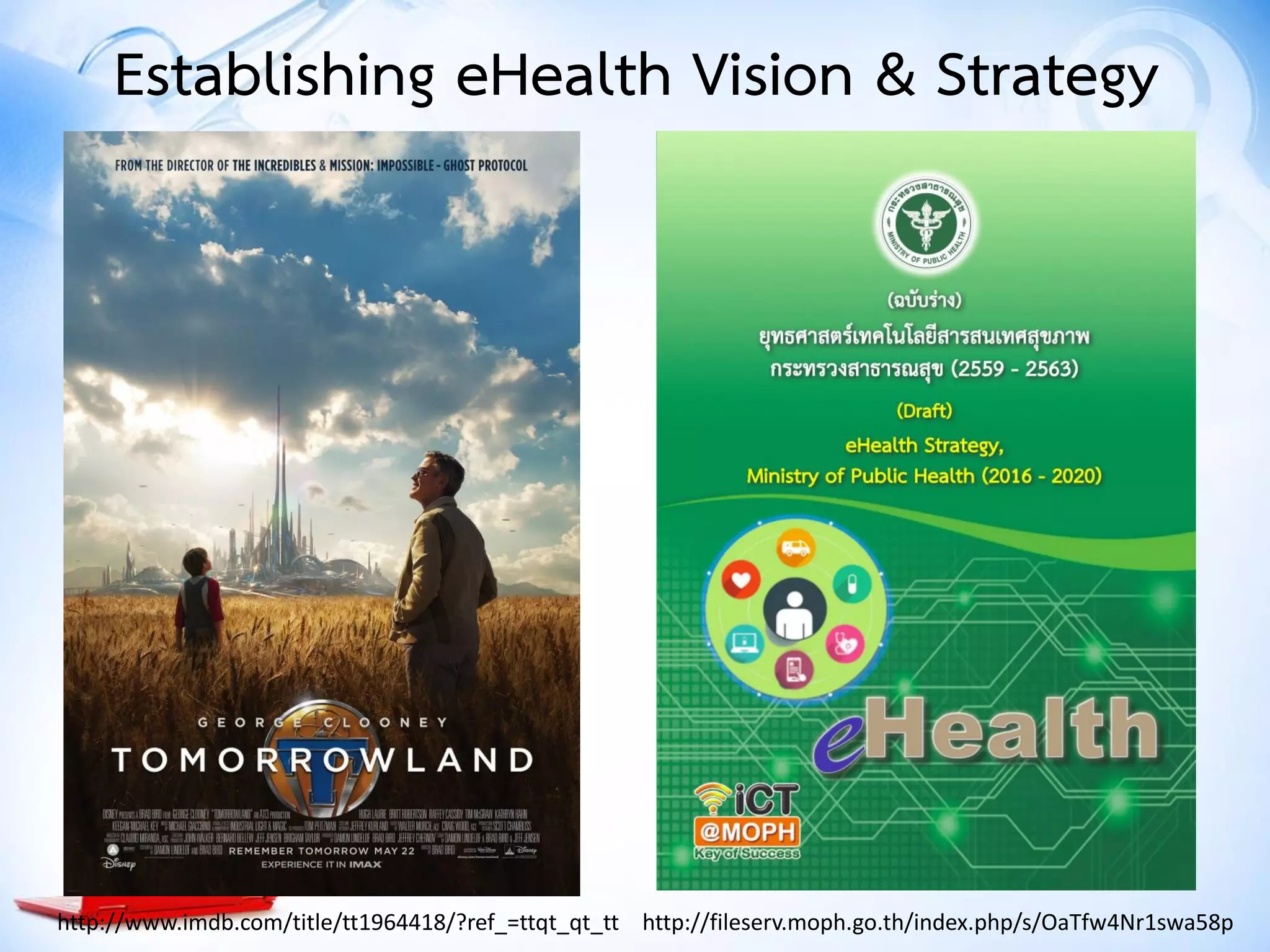 http://www.imdb.com/title/tt1964418/?ref_=ttqt_qt_tt http://fileserv.moph.go.th/index.php/s/OaTfw4Nr1swa58p
Establishing eHealth Vision & Strategy
 