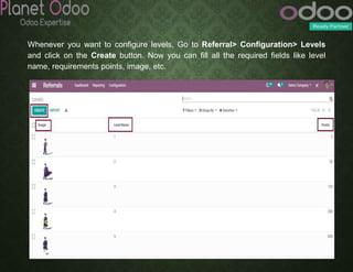 Whenever you want to configure levels, Go to Referral> Configuration> Levels
and click on the Create button. Now you can fill all the required fields like level
name, requirements points, image, etc.
 