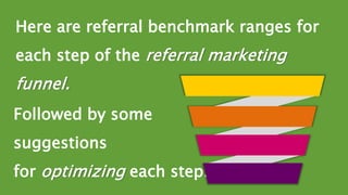 Here are referral benchmark ranges for 
each step of the referral marketing 
funnel. 
Followed by some 
suggestions 
for o...
