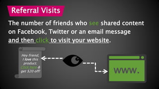Referral Visits 
The number of friends who see shared content 
on Facebook, Twitter or an email message 
and then click to...