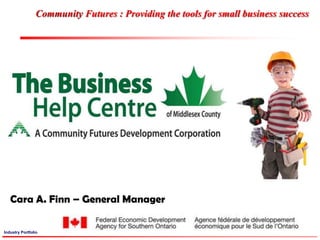 Community Futures : Providing the tools for small business success Cara A. Finn – General Manager Cara A. Finn – General Manager Industry Portfolio 