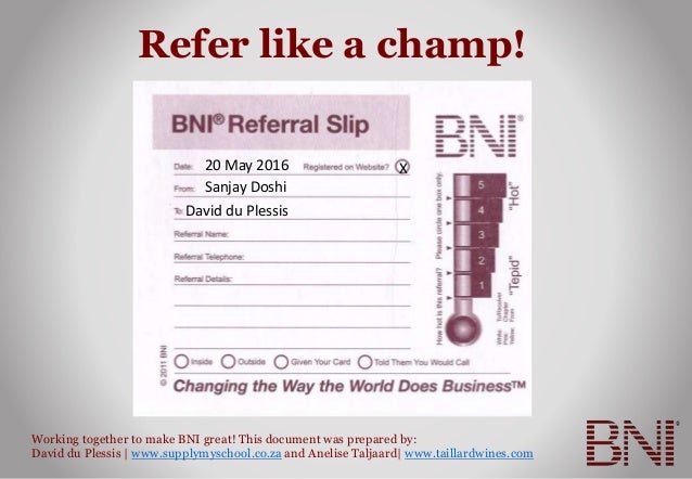 BNI Referral Slips BNI Referral Slips