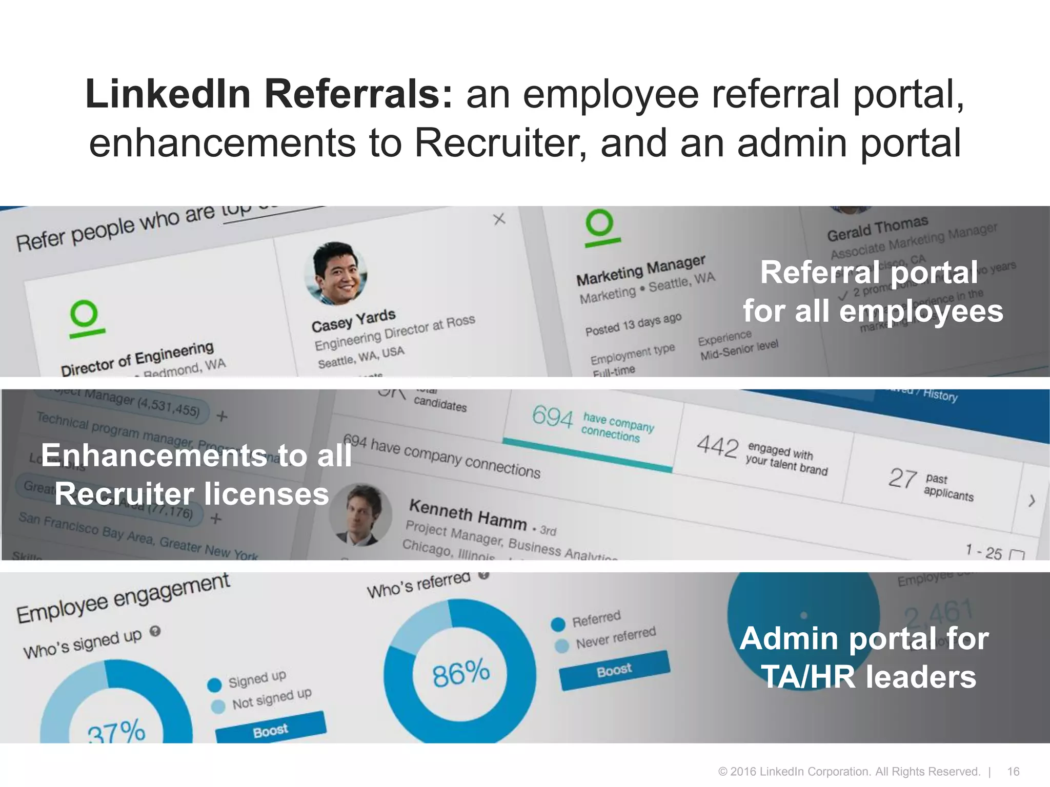 © 2016 LinkedIn Corporation. All Rights Reserved. |
LinkedIn Referrals: an employee referral portal,
enhancements to Recruiter, and an admin portal
16
Referral portal
for all employees
Enhancements to all
Recruiter licenses
Admin portal for
TA/HR leaders
 