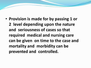 • Provision is made for by passing 1 or
2 level depending upon the nature
and seriousness of cases so that
required medical and nursing care
can be given on time to the case and
mortality and morbidity can be
prevented and controlled.
 