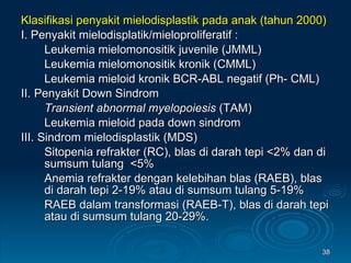 Klasifikasi penyakit mielodisplastik pada anak (tahun 2000) I. Penyakit mielodisplatik/mieloproliferatif : Leukemia mielomonositik juvenile (JMML) Leukemia mielomonositik kronik (CMML) Leukemia mieloid kronik BCR-ABL negatif (Ph- CML) II. Penyakit Down Sindrom Transient abnormal myelopoiesis  (TAM) Leukemia mieloid pada down sindrom III. Sindrom mielodisplastik (MDS) Sitopenia refrakter (RC), blas di darah tepi <2% dan di   sumsum tulang  <5% Anemia refrakter dengan kelebihan blas (RAEB), blas di darah tepi 2-19% atau di sumsum tulang 5-19% RAEB dalam transformasi   (RAEB-T), blas di darah tepi atau di sumsum tulang 20-29%.   
