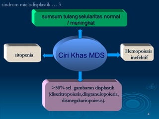 sitopenia Ciri Khas MDS >50% sel  gambaran displastik  (diseritropoiesis,disgranulopoiesis, dismegakariopoiesis). Hemopoiesis inefektif sumsum tulang   selularitas normal / meningkat sindrom mielodisplastik … 3 