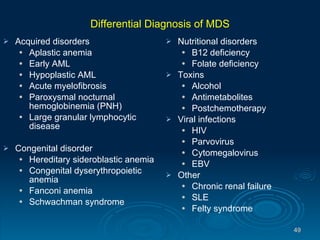 Differential Diagnosis of MDS Acquired disorders Aplastic anemia Early AML Hypoplastic AML Acute myelofibrosis Paroxysmal nocturnal hemoglobinemia (PNH) Large granular lymphocytic disease Congenital disorder Hereditary sideroblastic anemia Congenital dyserythropoietic anemia Fanconi anemia Schwachman syndrome Nutritional disorders B12 deficiency Folate deficiency Toxins Alcohol Antimetabolites Postchemotherapy Viral infections HIV Parvovirus Cytomegalovirus EBV Other Chronic renal failure SLE Felty syndrome 