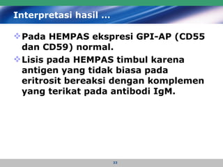 Interpretasi hasil … Pada HEMPAS ekspresi GPI-AP (CD55 dan CD59) normal.  Lisis pada HEMPAS timbul karena antigen yang tidak biasa pada eritrosit bereaksi dengan komplemen yang terikat pada antibodi IgM. 