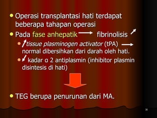 Operasi transplantasi hati terdapat beberapa tahapan operasi Pada  fase anhepatik   fibrinolisis  tissue plasminogen activator  (tPA)  normal dibersihkan dari darah oleh hati. kadar α 2 antiplasmin (inhibitor plasmin disintesis di hati) TEG berupa penurunan dari MA. 