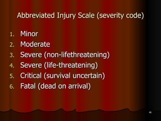 Abbreviated Injury Scale (severity code) Minor Moderate Severe (non-lifethreatening) Severe (life-threatening) Critical (survival uncertain) Fatal (dead on arrival) 