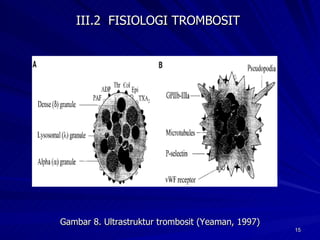 Gambar 8. Ultrastruktur trombosit (Yeaman, 1997) III.2  FISIOLOGI TROMBOSIT  