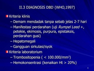 II.3 DIAGNOSIS DBD   (WHO,1997) Kriteria klinis Demam mendadak tanpa sebab jelas 2-7 hari Manifestasi perdarahan (uji  Rumpel Leed  +, petekie, ekimosis, purpura, epistaksis, perdarahan gusi) Hepatomegali Gangguan sirkulasi/syok Kriteria laboratorium Trombositopenia ( < 100.000/mm 3 )  Hemokonsentrasi (kenaikan Ht > 20%) 