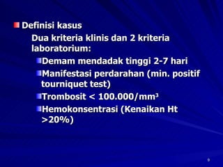 Definisi kasus Dua kriteria klinis dan 2 kriteria laboratorium: Demam mendadak tinggi 2-7 hari Manifestasi perdarahan (min. positif tourniquet test) Trombosit < 100.000/mm 3 Hemokonsentrasi (Kenaikan Ht >20%) 