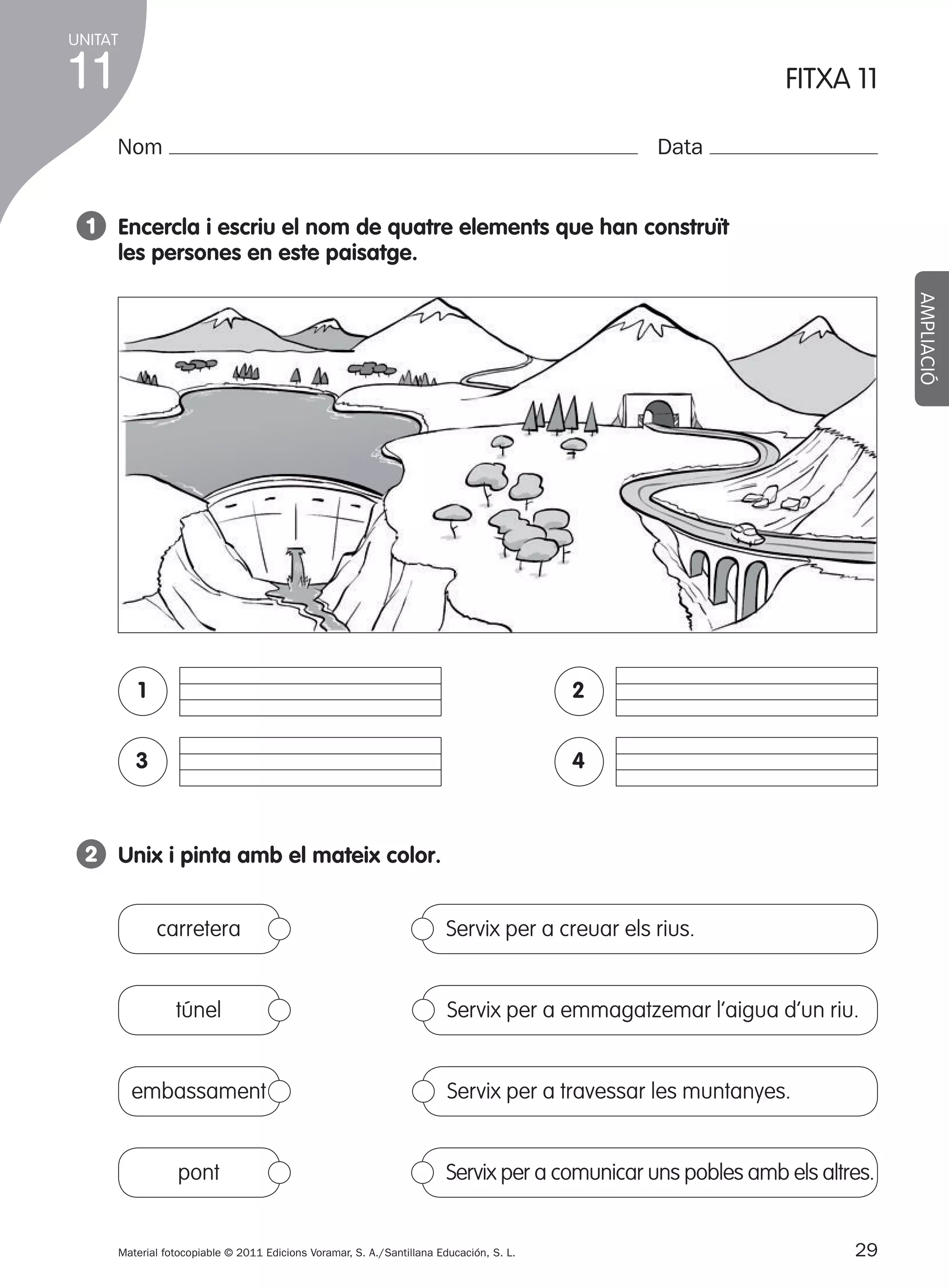 UNITAT

11

FITXA 11

Nom

Data

1 Encercla i escriu el nom de quatre elements que han construït
les persones en este paisatge.
AMPLIACIÓ

1

2

3

4

2 Unix i pinta amb el mateix color.
carretera
túnel
embassament
pont

Servix per a creuar els rius.
Servix per a emmagatzemar l’aigua d’un riu.
Servix per a travessar les muntanyes.
Servix per a comunicar uns pobles amb els altres.

Material fotocopiable © 2011 Edicions Voramar, S. A./Santillana Educación, S. L.

305505 _ 0001-0040.indd

29

29
20/05/11

13:15

 