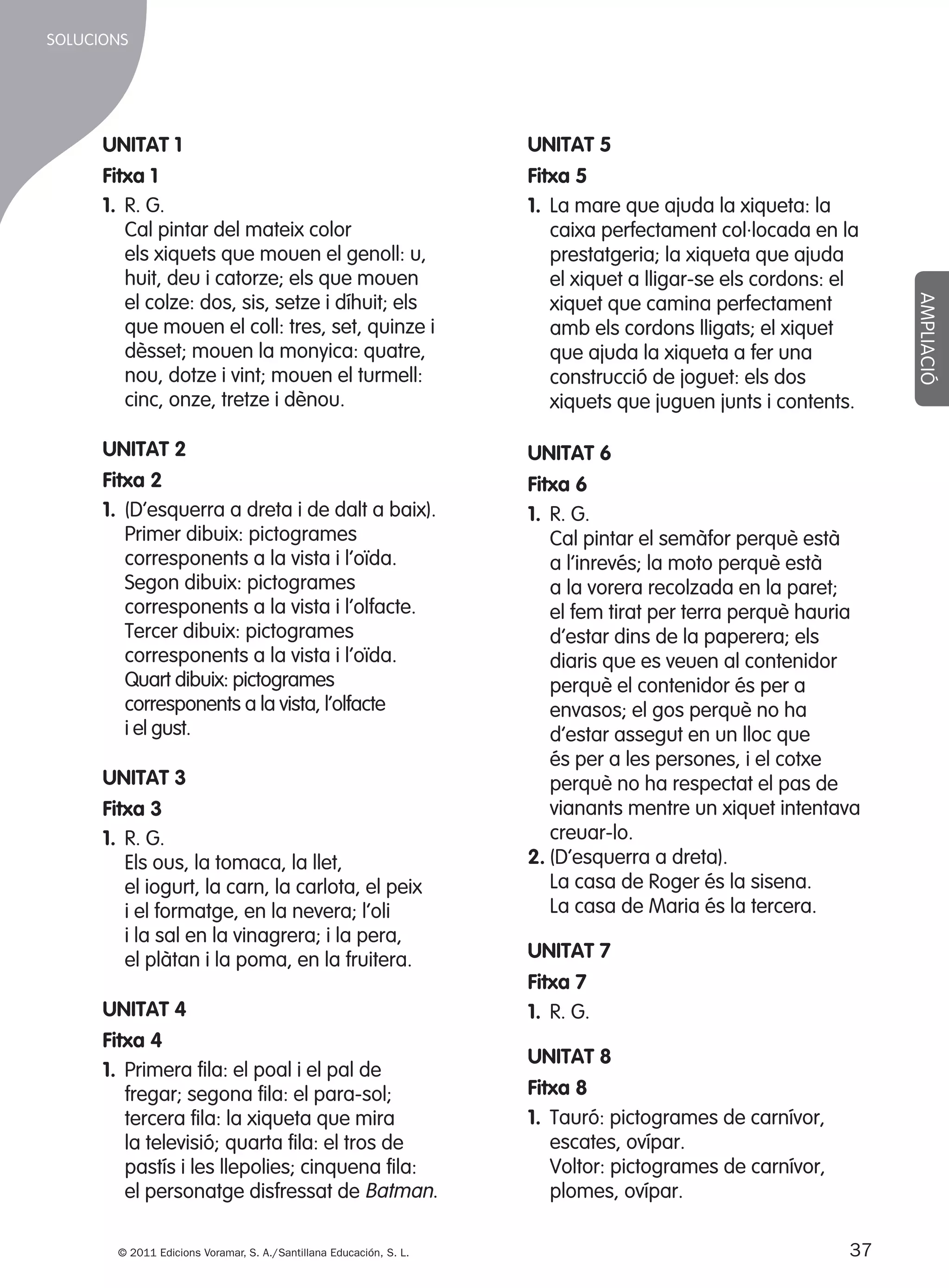 SOLUCIONS

UNITAT 1
Fitxa 1
1. R. G.
Cal pintar del mateix color
els xiquets que mouen el genoll: u,
huit, deu i catorze; els que mouen
el colze: dos, sis, setze i díhuit; els
que mouen el coll: tres, set, quinze i
dèsset; mouen la monyica: quatre,
nou, dotze i vint; mouen el turmell:
cinc, onze, tretze i dènou.

UNITAT 5

UNITAT 2
Fitxa 2
1. (D’esquerra a dreta i de dalt a baix).
Primer dibuix: pictogrames
corresponents a la vista i l’oïda.
Segon dibuix: pictogrames
corresponents a la vista i l’olfacte.
Tercer dibuix: pictogrames
corresponents a la vista i l’oïda.
Quart dibuix: pictogrames
corresponents a la vista, l’olfacte
i el gust.

UNITAT 6

UNITAT 4
Fitxa 4
1. Primera fila: el poal i el pal de
fregar; segona fila: el para-sol;
tercera fila: la xiqueta que mira
la televisió; quarta fila: el tros de
pastís i les llepolies; cinquena fila:
el personatge disfressat de Batman.
© 2011 Edicions Voramar, S. A./Santillana Educación, S. L.

305505 _ 0001-0040.indd

37

AMPLIACIÓ

UNITAT 3
Fitxa 3
1. R. G.
Els ous, la tomaca, la llet,
el iogurt, la carn, la carlota, el peix
i el formatge, en la nevera; l’oli
i la sal en la vinagrera; i la pera,
el plàtan i la poma, en la fruitera.

Fitxa 5
1. La mare que ajuda la xiqueta: la
caixa perfectament col·locada en la
prestatgeria; la xiqueta que ajuda
el xiquet a lligar-se els cordons: el
xiquet que camina perfectament
amb els cordons lligats; el xiquet
que ajuda la xiqueta a fer una
construcció de joguet: els dos
xiquets que juguen junts i contents.

Fitxa 6
1. R. G.
Cal pintar el semàfor perquè està
a l’inrevés; la moto perquè està
a la vorera recolzada en la paret;
el fem tirat per terra perquè hauria
d’estar dins de la paperera; els
diaris que es veuen al contenidor
perquè el contenidor és per a
envasos; el gos perquè no ha
d’estar assegut en un lloc que
és per a les persones, i el cotxe
perquè no ha respectat el pas de
vianants mentre un xiquet intentava
creuar-lo.
2. (D’esquerra a dreta).
La casa de Roger és la sisena.
La casa de Maria és la tercera.
UNITAT 7
Fitxa 7
1. R. G.
UNITAT 8
Fitxa 8
1. Tauró: pictogrames de carnívor,
escates, ovípar.
Voltor: pictogrames de carnívor,
plomes, ovípar.
37
20/05/11

13:15

 