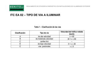 REGLAMENTO DE EFICIENCIA ENERGÉTICA EN INSTALACIONES DE ALUMBRADO EXTERIOR
B EN I T O.com
ITC EA 02 – TIPO DE VIA A ILUMINAR
 