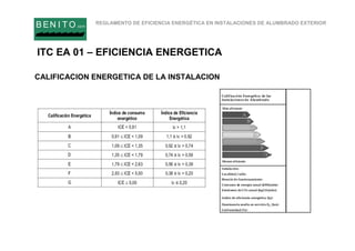 REGLAMENTO DE EFICIENCIA ENERGÉTICA EN INSTALACIONES DE ALUMBRADO EXTERIOR
B EN I T O.com
ITC EA 01 – EFICIENCIA ENERGETICA
CALIFICACION ENERGETICA DE LA INSTALACION
 