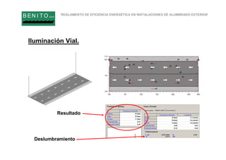 REGLAMENTO DE EFICIENCIA ENERGÉTICA EN INSTALACIONES DE ALUMBRADO EXTERIOR
B EN I T O.com
Iluminación Vial.
Resultado
Deslumbramiento
 