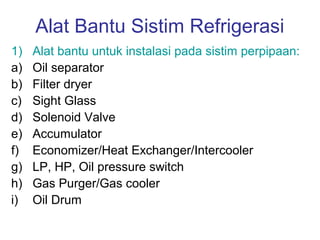 Alat Bantu Sistim Refrigerasi
1)   Alat bantu untuk instalasi pada sistim perpipaan:
a)   Oil separator
b)   Filter dryer
c)   Sight Glass
d)   Solenoid Valve
e)   Accumulator
f)   Economizer/Heat Exchanger/Intercooler
g)   LP, HP, Oil pressure switch
h)   Gas Purger/Gas cooler
i)   Oil Drum
 