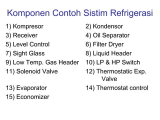 Komponen Contoh Sistim Refrigerasi
1) Kompresor              2) Kondensor
3) Receiver               4) Oil Separator
5) Level Control          6) Filter Dryer
7) Sight Glass            8) Liquid Header
9) Low Temp. Gas Header   10) LP & HP Switch
11) Solenoid Valve        12) Thermostatic Exp.
                                 Valve
13) Evaporator            14) Thermostat control
15) Economizer
 