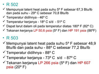 • R 502
 Mempunyai latent heat pada suhu 5º F sebesar 67,3 Btu/lb
  dan pada suhu - 29º C sebesar 70,8 Btu/lb
 Temperatur didihnya - 46º C
 Temperatur kerjanya - 18º C s/d - 51º C
 Dapat larut dalam oli pada temperatur diatas 180º F (82º C)
 Tekanan kerjanya LP 50,6 psia (5º F) dan HP 191 psia (86ºF)

• R 503
 Mempunyai latent heat pada suhu 5º F sebesar 48,9
  Btu/lb dan pada suhu - 88º C sebesar 77,2 Btu/lb
 Temperatur didihnya - 88º C
 Temperatur kerjanya - 73º C s/d - 87º C
 Tekanan kerjanya LP 266 psia (5º F) dan HP 607
  psia (20º F)
 