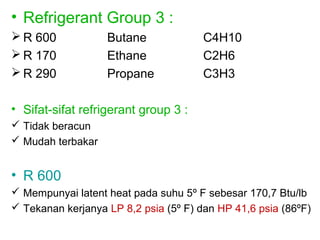 • Refrigerant Group 3 :
 R 600            Butane              C4H10
 R 170            Ethane              C2H6
 R 290            Propane             C3H3

• Sifat-sifat refrigerant group 3 :
 Tidak beracun
 Mudah terbakar


• R 600
 Mempunyai latent heat pada suhu 5º F sebesar 170,7 Btu/lb
 Tekanan kerjanya LP 8,2 psia (5º F) dan HP 41,6 psia (86ºF)
 