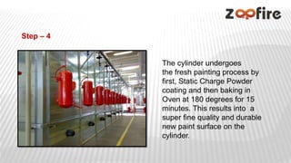 The cylinder undergoes
the fresh painting process by
first, Static Charge Powder
coating and then baking in
Oven at 180 degrees for 15
minutes. This results into a
super fine quality and durable
new paint surface on the
cylinder.
Step – 4
 