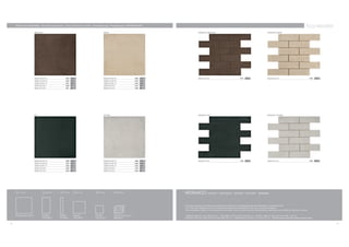 Gres porcellanato - Porcelain stoneware - Gres cerame fin vitrifie - Feinsteinzeug - Porseleingres -
                                                                                                                                                                                                                                                                                      Eco-leader
                       GROUND                                                       SAND                                                            MOSAICO GROUND                                                                       MOSAICO SAND




                       60x60 (24”x24”) R             IS94   113    +                60x60 (24”x24”) R              IS93   113   +                   30x30 (12”x12”)                                    IT67   171                        30x30 (12”x12”)                                  IT66   171
                       30x60 (12”x24”) R             IU35   103                     30x60 (12”x24”) R              IU34   103
                       10x60 (4”x24”) R              IU01   145                     10x60 (4”x24”) R               IU00   145
                       45x45 (18”x18”)               IU28   79                      45x45 (18”x18”)                IU27   79
                       30x30 (12”x12”)               IU31   65                      30x30 (12”x12”)                IU30   65




                       INK                                                          STONE                                                           MOSAICO INK                                                                          MOSAICO STONE




                       60x60 (24”x24”) R             IS96   113    +                60x60 (24”x24”) R              IS95   113   +                   30x30 (12”x12”)                                    IT69   171                        30x30 (12”x12”)                                  IT68   171
                       30x60 (12”x24”) R             IU37   103                     30x60 (12”x24”) R              IU36   103
                       10x60 (4”x24”) R              IU03   145                     10x60 (4”x24”) R               IU02   145
                       45x45 (18”x18”)               IU29   79                      45x45 (18”x18”)                IT24   79
                       30x30 (12”x12”)               IU33   65                      30x30 (12”x12”)                IU32   65




       10 mm                         9,5 mm        10 mm           9,5 mm       9,5 mm                  9,5 mm                      MOSAICO - MOSAIC - MOSAÏQUE - MOSAIK - MOZAÏEK - МОЗАИКА


                                                                                                                                    Eventuali variazioni cromatiche riscontrabili nel prodotto sono caratteristica specifica dell’utilizzo di materiali riciclati.
                                                                                                                                    Any chromatic variations found in the product are specific characteristic of the use of recycled materials.
                                                                                                                                    Les éventuelles variations chromatiques se rencontrant dans le produit sont les caractéristiques spécifiques de l’emploi de matériaux recyclés.


     60x60 (24”x24”)             30x60        * 10x60            45x45       30x30               30x30 (12”x12”)                    * Altezza reale lato corto doga: 9,5 cm. - Full height of short side of tile: 9.5 cm. - Hauteur réelle du coté court de la cale : 9,5 cm. -
                                 (12”x24”)      (4”x24”)         (18”x18”)   (12”x12”)           Mosaico                            Effektive Höhe der Leiste an der kurzen Seite: 9,5 cm. - Reële dikte korte kant van de lat: 9,5 cm. -             ฀       ฀          ฀        ฀   ฀   ฀


54                                                                                                                                                                                                                                                                                                     55
 