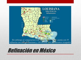 Refinación en México
Sin embargo al compararnos con Estados Unidos,, que cuenta con 19
refinarías tan solo en Louisiana y 149 en total, nos encontramos rezagados
 
