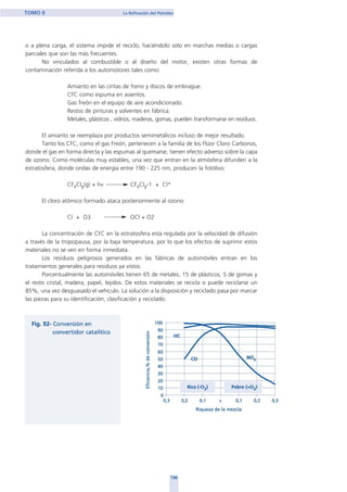 o a plena carga, el sistema impide el reciclo, haciéndolo solo en marchas medias o cargas
parciales que son las más frecuentes.
No vinculados al combustible o al diseño del motor, existen otras formas de
contaminación referida a los automotores tales como:
Amianto en las cintas de freno y discos de embrague.
CFC como espuma en asientos.
Gas freón en el equipo de aire acondicionado.
Restos de pinturas y solventes en fábrica.
Metales, plásticos , vidrios, maderas, gomas, pueden transformarse en residuos.
El amianto se reemplaza por productos semimetálicos incluso de mejor resultado.
Tanto los CFC, como el gas Freón, pertenecen a la familia de los Flúor Cloro Carbonos,
donde el gas en forma directa y las espumas al quemarse, tienen efecto adverso sobre la capa
de ozono. Como moléculas muy estables, una vez que entran en la atmósfera difunden a la
estratosfera, donde ondas de energía entre 190 - 225 nm, producen la fotólisis:
CFxCly(g) + hν CFxCly-1 + Cl*
El cloro atómico formado ataca posteriormente al ozono:
Cl + O3 OCl + O2
La concentración de CFC en la estratosfera esta regulada por la velocidad de difusión
a través de la tropopausa, por la baja temperatura, por lo que los efectos de suprimir estos
materiales no se ven en forma inmediata.
Los residuos peligrosos generados en las fábricas de automóviles entran en los
tratamientos generales para residuos ya vistos.
Porcentualmente las automóviles tienen 65 de metales, 15 de plásticos, 5 de gomas y
el resto cristal, madera, papel, tejidos. De estos materiales se recicla o puede reciclarse un
85%, una vez desguasado el vehículo. La solución a la disposición y reciclado pasa por marcar
las piezas para su identificación, clasificación y reciclado.
136
TOMO II La Refinación del Petróleo
home
 