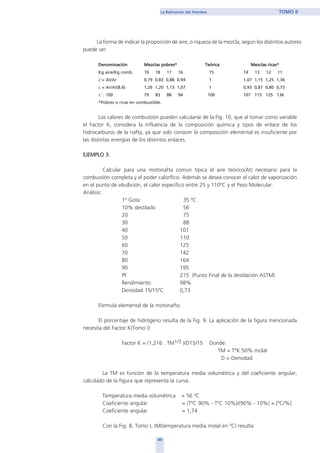 La forma de indicar la proporción de aire, o riqueza de la mezcla, según los distintos autores
puede ser:
Denominación Mezclas pobres* Teórica Mezclas ricas*
Kg aire/Kg comb. 19 18 17 16 15 14 13 12 11
λ’= At/Ar 0,79 0,83 0,88 0,94 1 1,07 1,15 1,25 1,36
λ = Ar/At(8.6) 1,26 1,20 1,13 1,07 1 0,93 0,87 0,80 0,73
λ’ . 100 79 83 88 94 100 107 115 125 136
*Pobres o ricas en combustible.
Los calores de combustión pueden calcularse de la Fig. 10, que al tomar como variable
el Factor K, considera la influencia de la composición química y tipos de enlace de los
hidrocarburos de la nafta, ya que solo conocer la composición elemental es insuficiente por
las distintas energías de los distintos enlaces.
EJEMPLO 3:
Calcular para una motonafta común típica el aire teórico(At) necesario para la
combustión completa y el poder calorífico. Además se desea conocer el calor de vaporización
en el punto de ebullición, el calor específico entre 25 y 110ºC y el Peso Molecular.
Análisis:
1º Gota 35 ºC
10% destilado 56
20 75
30 88
40 101
50 110
60 125
70 142
80 164
90 195
PF 215 (Punto Final de la destilación ASTM)
Rendimiento 98%
Densidad 15/15ºC 0,73
Fórmula elemental de la motonafta.
El porcentaje de hidrógeno resulta de la Fig. 9. La aplicación de la figura mencionada
necesita del Factor K(Tomo I):
Factor K = (1,216 . TM1/3 )/D15/15 Donde:
TM = TºK 50% molal
D = Densidad
La TM es función de la temperatura media volumétrica y del coeficiente angular,
calculado de la figura que representa la curva.
Temperatura media volumétrica = 56 ºC
Coeficiente angular = (TºC 90% - TºC 10%)/(90% - 10%) = [ºC/%]
Coeficiente angular = 1,74
Con la Fig. 8, Tomo I, tM(temperatura media molal en ºC) resulta:
45
La Refinación del Petróleo TOMO II
home
 