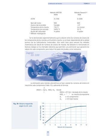Método MOTOR Método Research*
MON RON
ASTM D 2700 D 2699
Rpm del motor 900 600
Avance del encendido Variable -13º
Temperatura de la mezcla 150 ºC no control.
Temperatura aire entrada 24/52 ºC 52 ºC
Ajuste del carburador m pobre m pobre
* Método investigación
Se ha demostrado experimentalmente que la relación entre los números de octano de
los componentes de las mezclas y el final de la mezcla, no es lineal, dependiendo de la calidad
química de los hidrocarburos involucrados. Esta razón hace poco precisos los métodos
matemáticos de cálculo de números de octano de mezclas. No obstante lo mencionado en
diversos trabajos se ha intentado relaciones que permiten una estimación que aproxime los
valores de cada componente, para reducir los pasos de prueba y error necesarios.
La estimación para mezclas volumétricas se hace usando los números de octano en
mezcla de cada componente (Tabla 12) y aplicando la formula
n
(NO)m = ∑ Ai . (NO)i / At Donde:
i (NO)m = Nº Oct. Calculado de la mezcla
(NO)i = “ “ en mezcla c/componente
Ai = m3 componente i
At = m3 total mezcla
53
La Refinación del Petróleo TOMO II
home
 