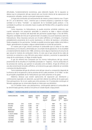 dificultades, fundamentalmente económicas, para obtenerlo liquido. De lo expuesto se
deduce que la composición del gas natural será una función directa de las operaciones de
recuperación utilizadas, siendo su principal componente metano.
Si el gas esta constituido casi exclusivamente de metano y etano (máximo unas 13 ppm
de C3+, se lo denomino "seco", mientras que si contiene propanos y superiores en mayor
cantidad se lo llama "húmedo". La separación de la humedad puede producir, si las
cantidades lo justifican, los conocidos Gases Licuados del Petróleo (LPG) y la gasolina natural
condensada.
Como impurezas, no hidrocarburos, se puede encontrar anhídrido carbónico, que
cuando representa una proporción apreciable su presencia se debe a alguna actividad
volcánica en algún momento del desarrollo del yacimiento (puede llegar a más del 90%).
Pequeñas cantidades de CO2 por lo general están vinculadas a la acción bacteriana sobre los
hidrocarburos. Otras impurezas comunes son el ácido sulfhídrico y el nitrógeno, el primero
probablemente proveniente de la acción bacteriana y el último de bacterias o atmósferas
fósiles atrapadas en los yacimientos. También es posible encontrar gases nobles como Helio o
Argón, generalmente vinculados a alguna radioactividad en el área del yacimiento.
En nuestro país el gas natural constituye el combustible que se utiliza en las redes
domiciliarias y en la industria, alimentadas por una amplia red de gasoductos. En la actualidad
y fundamentalmente desde el año 1988, comienza a tener alguna importancia el consumo de
gas natural en motores de combustión interna. En este caso el gas natural de las redes de
suministro se comprime a unas 200 atms para reducir volumen y aumentar la capacidad de
carga de los automotores, sin llegar al estado liquido.
El gas de refinería esta compuesto por los mismos hidrocarburos del gas natural,
provenientes de los disueltos en el petróleo procesado en “topping”, más los producidos en
los procesos de cracking, que aportan no saturados como el etileno. Al gas de refinería con
una alta concentración de ácido sulfhídrico, se lo denomina gas agrio, debiendo ser sometido
a procesos de desulfurización.
Tanto tratándose del gas de refinería como del gas natural su composición depende de
la eficiencia de la recuperación y de los procesos de los cuales provienen. En la Tabla 1 se dan
las principales propiedades de los hidrocarburos que están presentes en los gases.
Debemos destacar que existen operaciones de separación por destilación y
combinaciones especiales con absorción, que permiten obtener las olefinas de los gases para
fines petroquímicos. De no ser usados para otros procesos, los C3 producidos constituyen el
llamado supergas que se comercializa líquido en tubos para uso doméstico.
Los C4 también tienen usos petroquímicos, constituyendo además el combustible de
las denominadas garrafas, donde se encuentra en estado líquido a baja presión.
TABLA 1 HIDROCARBUROS GASEOSOS EN CONDICIONES AMBIENTES
HIDROCARBURO FORM. DENSID. PUNTO PRESION PODER CONDICIONES
AIRE=1 EBU. DE VAP. CALO. CRITICAS
ºC 37,8ºC SUP. TEMP. PRES.
Kg/cm2 KCal/m3 ºC Kg/cm2
METANO CH4 0,559 -161,5 - 9007 -82 47,3
ETILENO C2H4 0,968 -104 - 14356 10 52,6
ETANO C2H6 1,038 - 89 - 15762 32 49,8
PROPILENO C3H6 1,453 - 48,1 15,96 21093 91 46,9
PROPANO C3H8 1,522 - 42 13,28 22428 97 43,4
1,3 BUTA DIENO C4H6 1,867 - 4,7 4,15 26415 167 44,1
1 BUTENO C4H8 1,937 - 6,3 4,36 27448 147 41,3
i BUTENO C4H8 2,011 - 6,9 4,43 27278 145 40,8
i BUTANO C4HlO 2,006 - 11,7 5,13 29014 134 37,3
BUTANO C4HlO 2,006 - 0,5 3,65 29076 152 38,7
6
TOMO II La Refinación del Petróleo
home
 