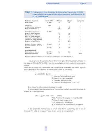 TABLA 17 Parámetros mínimos de calidad de Motonaftas. Vigencia del 01/09/96,
Para productos nacionales e importados. Resolución 54/96 Secretaría de
O. S.P., Combustibles
Parámetro de control Norma ASTM M Común M Super M sin plomo
RON, mínimo D 2699 83 93 -
Destilación D-86 -
A 70ºC Mínimo, % volumen 10 10 -
Punto Final, Máximo ºC 225 225 -
Compuestos Oxigenados D-4815 -
MTBE, % volum. Máximo 15 15 -
Etanol, % volum. Máximo 5* 5* -
IPA**, % volum. Máximo 5 5 -
t-butanol, % volum. Máximo 7 7 -
i-butanol, % volum. Máximo 7 7 -
Oxigeno, % Peso Máximo 2,7 2,7 -
Benceno, % volum. Máximo D-3606 4 4 -
Aromáticos totales, % volum.
Máximo D-1319 45 45 -
Plomo Máximo g/l -
Motonaftas con plomo D-3116 0,2 0,2 -
Motonaftas sin plomo D-3237 - - 0,013
**Alcohol Iso Propilico *Máximo con indicación en el surtidor que se trata de Alcohonafta, 12.
Los oxigenados de las motonaftas se determinan generalmente por cromatografía en
fase gaseosa, Método ASTM 4815 – 94a, cuyos resultados son informados como por ciento
en peso.
Ya sea que se conozca la composición o el contenido de oxigenados por análisis o por la
propia preparación en la refinería, el método mencionado da la formula:
Vi = Wi (Df/Di) Donde:
Vi, Volumen % de cada oxigenado
Wi, Peso % de cada oxigenado
Df, Densidad del combustible
Di, Densidad del componente i(Tabla 16)
Que vincula los volúmenes con los pesos (o masas).
El porcentaje en peso de oxigeno en el combustible resulta la suma del contenido de
oxigeno de cada componente:
Wtot = ∑ (Wi . 16,0 . Ni)/Mi Donde:
Wtot, Peso total de oxigeno en el combustible
Wi, Peso de cada componente
16,0, Peso atómico del oxigeno
Ni, Nº de átomos de oxigeno en el componente
A los oxigenados mencionados se suman otros éteres y alcoholes, por lo cual la
Resolución 54 habla de incorporar “otros de uso normal en combustibles”.
73
La Refinación del Petróleo TOMO II
home
 
