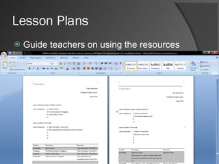 Lesson Plans  Guide teachers on using the resources 