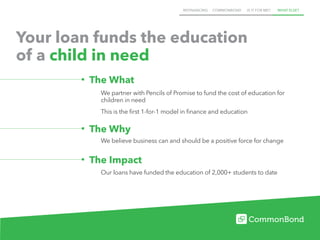 REFINANCING COMMONBOND IS IT FOR ME? WHAT ELSE?
Your loan funds the education
of a child in need
The What
We partner with Pencils of Promise to fund the cost of education for
children in need
This is the first 1-for-1 model in finance and education
The Why
We believe business can and should be a positive force for change
The Impact
Our loans have funded the education of 2,000+ students to date
 