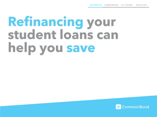 REFINANCING COMMONBOND IS IT FOR ME? WHAT ELSE?
Refinancing your
student loans can
help you save
 