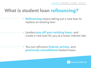 REFINANCING COMMONBOND IS IT FOR ME? WHAT ELSE?
What is student loan refinancing?
Refinancing means taking out a new loan to
replace an existing loan
You can refinance federal, private, and
previously consolidated student loans
Lenders pay off your existing loans, and
create a new loan for you at a lower interest rate
 