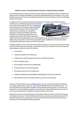 Refinance Loans- The Easiest Way to Own New or Used Recreational Vehicle