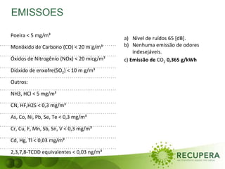 EMISSOES
Poeira < 5 mg/m³
Monóxido de Carbono (CO) < 20 m g/m³
Óxidos de Nitrogênio (NOx) < 20 micg/m³
Dióxido de enxofre(SO2) < 10 m g/m³
Outros:
NH3, HCl < 5 mg/m³
CN, HF,H2S < 0,3 mg/m³
As, Co, Ni, Pb, Se, Te < 0,3 mg/m³
Cr, Cu, F, Mn, Sb, Sn, V < 0,3 mg/m³
Cd, Hg, Tl < 0,03 mg/m³
2,3,7,8-TCDD equivalentes < 0,03 ng/m³
a) Nível de ruídos 65 [dB].
b) Nenhuma emissão de odores
indesejáveis.
c) Emissão de CO2 0,365 g/kWh
 