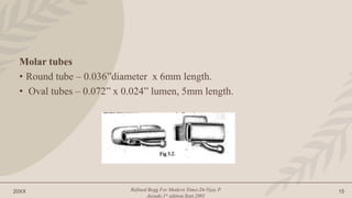 20XX Refined Begg For Modern Times.Dr.Vijay P.
Jayade.1st edition.Sept.2001
15
Molar tubes
• Round tube – 0.036”diameter x 6mm length.
• Oval tubes – 0.072” x 0.024” lumen, 5mm length.
 