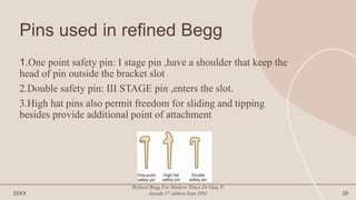 Pins used in refined Begg
1.One point safety pin: I stage pin ,have a shoulder that keep the
head of pin outside the bracket slot
2.Double safety pin: III STAGE pin ,enters the slot.
3.High hat pins also permit freedom for sliding and tipping
besides provide additional point of attachment
20XX
Refined Begg For Modern Times.Dr.Vijay P.
Jayade.1st edition.Sept.2001 29
 
