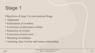 Stage 1
Objectives of stage I in conventional Begg
• Alignment
• Elimination of crossbite
• Correction of abnormal overbite
• Reduction of overjet
• Correction of arch form
• Matching of midlines
• Attaining class I molar and canine relationship
20XX
Refined Begg For Modern Times.Dr.Vijay P.
Jayade.1st edition.Sept.2001 31
 