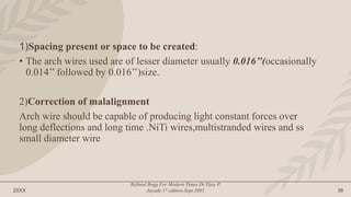 20XX
Refined Begg For Modern Times.Dr.Vijay P.
Jayade.1st edition.Sept.2001 36
1)Spacing present or space to be created:
• The arch wires used are of lesser diameter usually 0.016’’(occasionally
0.014’’ followed by 0.016’’)size.
2)Correction of malalignment
Arch wire should be capable of producing light constant forces over
long deflections and long time .NiTi wires,multistranded wires and ss
small diameter wire
 