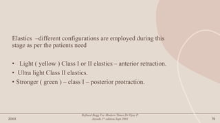 Elastics –different configurations are employed during this
stage as per the patients need
• Light ( yellow ) Class I or II elastics – anterior retraction.
• Ultra light Class II elastics.
• Stronger ( green ) – class I – posterior protraction.
20XX
Refined Begg For Modern Times.Dr.Vijay P.
Jayade.1st edition.Sept.2001 76
 